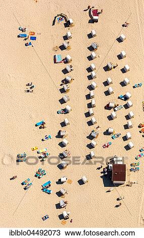 Stock Image - Baltic beach, sandy beach with bathers, beach chairs, Baltic Sea beach in Kołobrzeg, Kolobrzeg, Western Pomerania Province, Poland, Europe. Fotosearch