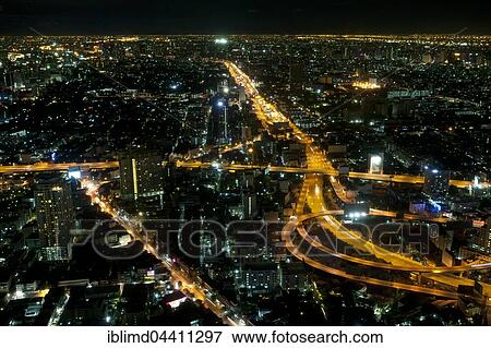 Stock Photo - Bangkok skyline at night, Bangkok, Thailand, Asia. Fotosearch