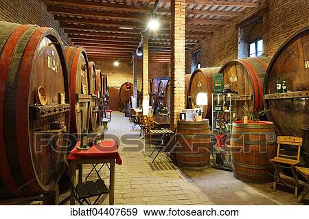 Stock Photo - Barrels in cellar, Antica Cantina San't Amico winery, Morro D'Alba, Marche, Italy, Europe. Fotosearch