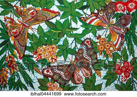 Stock Photo - Batik, motif with butterflies and flowers, Kandy, Central Province, Sri Lanka, Asia. Fotosearch
