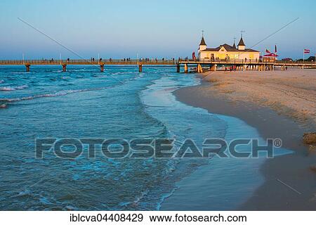 Beach with Ahlbeck pier in evening light, seaside resort Ahlbeck, Usedom Island, Mecklenburg-Western Pomerania, Germany, Europe View Large Photo Image Stock Photo - Beach with Ahlbeck pier in evening light, seaside resort Ahlbeck, Usedom Island, Mecklenburg-Western Pomerania, Germany, Europe. Fotosearch