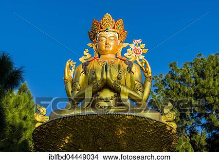 Big golden statue of Maitreya Buddha at back of Swayambhunath temple, Kathmandu, Nepal, Asia View Large Photo Image Picture - Big golden statue of Maitreya Buddha at back of Swayambhunath temple, Kathmandu, Nepal, Asia. Fotosearch