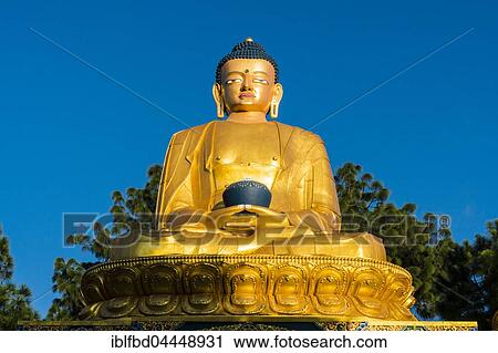 Big golden statue of Shakyamuni Buddha at back of Swayambhunath temple, Kathmandu, Nepal, Asia View Large Photo Image Stock Image - Big golden statue of Shakyamuni Buddha at back of Swayambhunath temple, Kathmandu, Nepal, Asia. Fotosearch