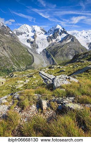 Stock Image - Bike trail at Fuorcla Surlej, view of Piz Bernina-4049 m, Biancograt, Piz Roseg-3937 m, Grisons, Switzerland, Europe. Fotosearch