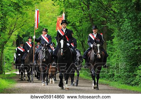 Stock Image - Blood ride, equestrian procession, riders on horses, Weingarten, Upper Swabia, Baden-Württemberg, Germany, Europe. Fotosearch