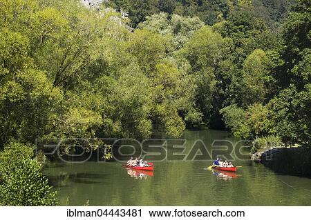 Stock Image - Boating on the Altmühl River, canoes, Hagenacker, Dollnstein, Altmühltal, Upper Bavaria, Bavaria, Germany, Europe. Fotosearch