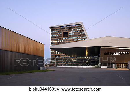 Picture - Bossard Arena and Up-Town highrise, Zug, canton of Zug, Switzerland, Europe. Fotosearch