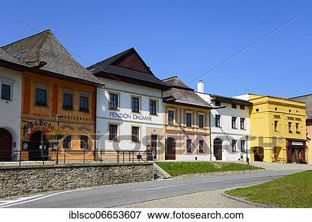 Bourgeois, merchant and craftsman houses with saddle-shaped shingle roofs, market square, Spisska Sobota or Georgenberg, part of Poprad or Deutschendorf, Slovakia, Europe View Large Photo Image Stock Photo - Bourgeois, merchant and craftsman houses with saddle-shaped shingle roofs, market square, Spisska Sobota or Georgenberg, part of Poprad or Deutschendorf, Slovakia, Europe. Fotosearch