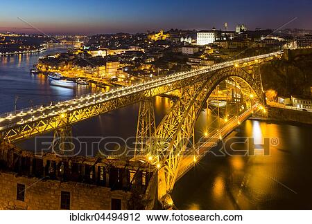 Stock Image - Bridge, arch bridge Ponte Dom Luis I over the Douro, Night Scene, Porto, Portugal, Europe. Fotosearch
