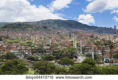 Stock Photograph - Cable Car to the Barrio de Santo Domingo, Medellin, Colombia, South America. Fotosearch