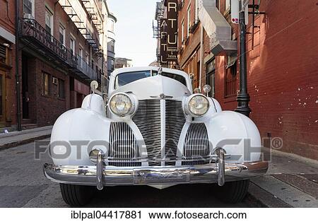 Stock Image - Cadillac vintage car, Freedom Trail, Prince Street, North End, Boston, Massachusetts, USA, North America. Fotosearch