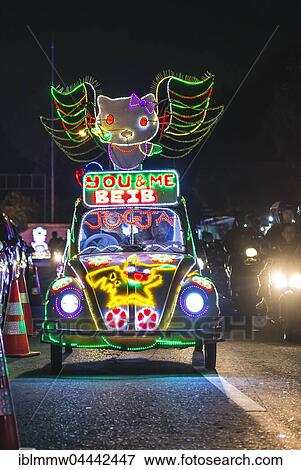 Stock Photo - Car illuminated with colourful LEDs, pedal car, Yogyakarta, Indonesia, Asia. Fotosearch