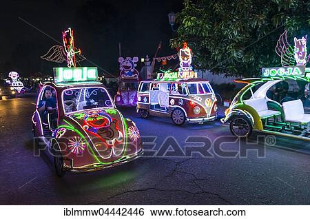 Stock Photograph - Car illuminated with colourful LEDs, pedal car, Yogyakarta, Indonesia, Asia. Fotosearch