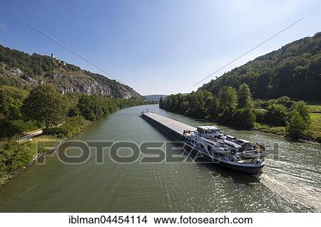 Picture - Cargo ship on Rhine-Main-Danube Canal, Essing, Altmühltal, Altmühl Valley, Lower Bavaria, Bavaria, Germany, Europe. Fotosearch