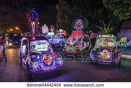 Picture - Cars illuminated with colourful LEDs, pedal car, Yogyakarta, Indonesia, Asia. Fotosearch