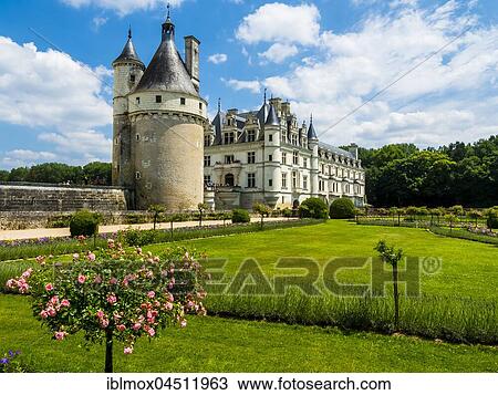 Stock Image - Castle Chenonceau on the Cher, the Château de Chenonceau, Department Chenonceaux, Indre-et-Loire, Center Region, France, Europe. Fotosearch