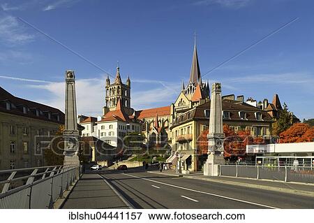 Stock Photo - Cathedral of Notre-Dame, view from Bessières Bridge, Lausanne, Vaud Canton, Switzerland, Europe. Fotosearch