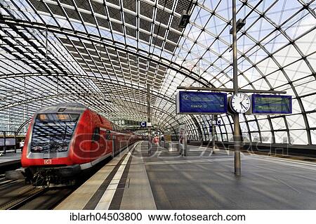 Stock Image - Central Station with regional train, modern architecture, Berlin, Germany, Europe. Fotosearch