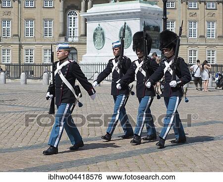 Changing of the guard, royal bodyguards on palace square, Amalienborg Palace, Copenhagen, Denmark, Europe View Large Photo Image Stock Photograph - Changing of the guard, royal bodyguards on palace square, Amalienborg Palace, Copenhagen, Denmark, Europe. Fotosearch