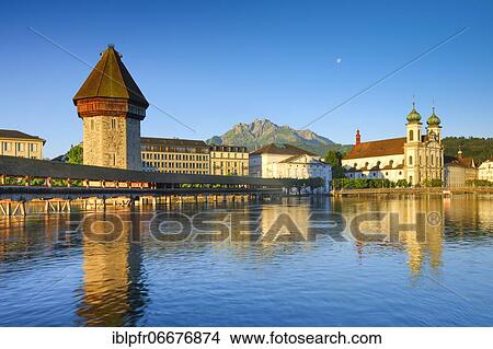 Picture - Chapel Bridge with Pilatus, Lucerne, Switzerland, Europe. Fotosearch