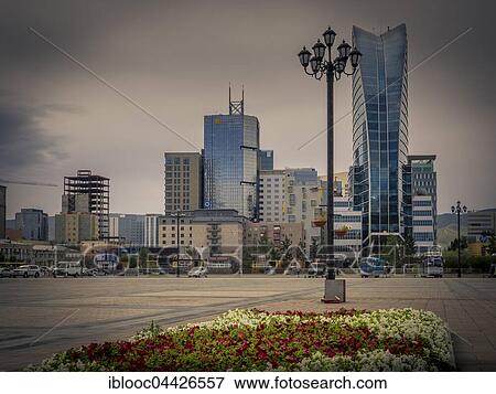 Stock Photo - Chinggis Square with Blue Sky Tower, Ulaanbaatar, Mongolia, Asia. Fotosearch
