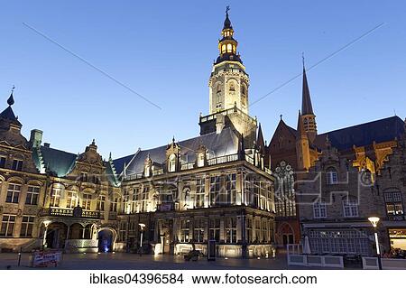 City Hall, Palace of Justice, and Belfry Sint-Walburgakerk at The Great Market Square of Veurne, at twilight, UNESCO World Heritage Site, Grote Markt, Veurne, West Flanders, Flanders, Belgium, Europe View Large Photo Image Picture - City Hall, Palace of Justice, and Belfry Sint-Walburgakerk at The Great Market Square of Veurne, at twilight, UNESCO World Heritage Site, Grote Markt, Veurne, West Flanders, Flanders, Belgium, Europe. Fotosearch