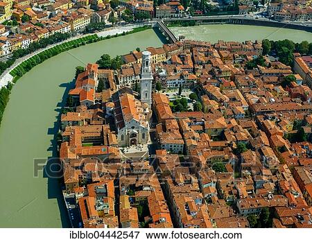 Stock Photo - City view with Cathedral Santa Maria Matricolare, Adige river, river bend, Province of Verona, Veneto, Italy, Europe. Fotosearch