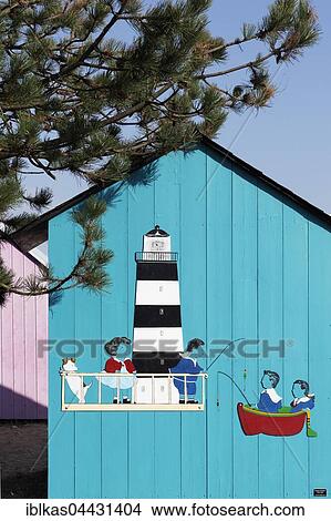 Colorful beach hut, painted lighthouse scene, Saint-Denis d'Oleron, Ile d'Oleron, Charente-Maritime, France, Europe View Large Photo Image Picture - Colorful beach hut, painted lighthouse scene, Saint-Denis d'Oleron, Ile d'Oleron, Charente-Maritime, France, Europe. Fotosearch