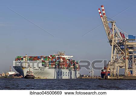 Container ship Cosco Hellas is pulled by tugboat, Port of Hamburg, Hamburg, Germany, Europe View Large Photo Image Stock Photo - Container ship Cosco Hellas is pulled by tugboat, Port of Hamburg, Hamburg, Germany, Europe. Fotosearch