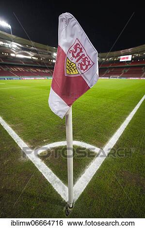 Stock Photograph - Corner flag VfB Stuttgart, stadium without spectators, ghost match in the Bundesliga, Mercedes-Benz Arena, Corona crisis, Stuttgart, Baden-Württemberg, Germany, Europe. Fotosearch