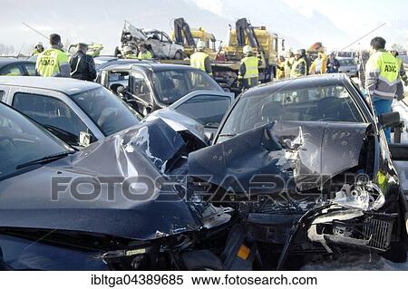 Demolished cars, traffic accident on autobahn, pile-up on road with black ice, Ohlstadt, Upper Bavaria, Bavaria, Germany, Europe View Large Photo Image Stock Photography - Demolished cars, traffic accident on autobahn, pile-up on road with black ice, Ohlstadt, Upper Bavaria, Bavaria, Germany, Europe. Fotosearch