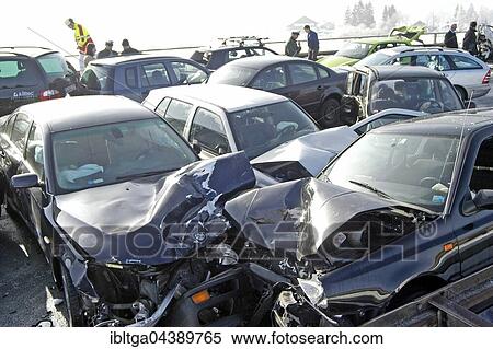 Stock Photography - Demolished cars, traffic accident on autobahn, pile-up on road with black ice, Ohlstadt, Upper Bavaria, Bavaria, Germany, Europe. Fotosearch