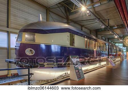Stock Image - Diesel express railcar DR 877 of the Deutsche Reichsbahn, built 1930, DB Museum, Nuremberg, Middle Franconia, Bavaria, Germany, Europe. Fotosearch