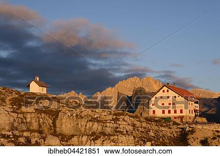 Dreizinnenhütte, refuge, Rifugio A. Locatelli, evening light, Elferkofel behind, Sexten Dolomites, South Tyrol, Italy, Europe View Large Photo Image Stock Image - Dreizinnenhütte, refuge, Rifugio A. Locatelli, evening light, Elferkofel behind, Sexten Dolomites, South Tyrol, Italy, Europe. Fotosearch