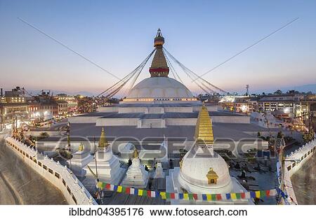 Stock Photograph - Dusk at Boudhanath stupa, Boudhanath, Kathmandu, Nepal, Asia. Fotosearch
