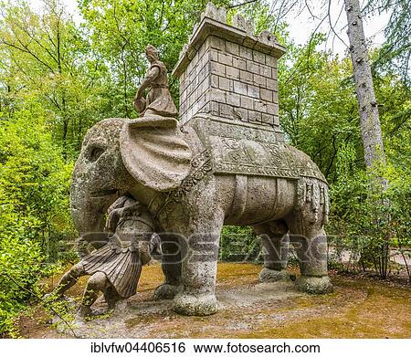 Stock Photograph - Elephant sculpture, Hannibal's elephant, Sacro Bosco, Park of the Monsters, Bormazo, Viterbo, Italy, Europe. Fotosearch