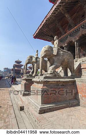 Stock Photo - Elephant statues guarding Vishwanath temple in Durbar square, Patan, Nepal, Asia. Fotosearch