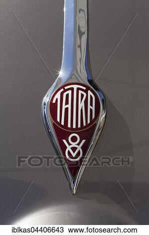 Stock Image - Emblem of Tatra, on a Tatra 87, 1945 model, Czech classic car, Schloss Dyck Classic Days 2016 Jüchen, Niederrhein, North Rhine-Westphalia, Germany, Europe. Fotosearch
