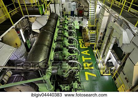 Stock Image - Engine room on a cargo ship, Antwerp Port, Belgium, Europe. Fotosearch