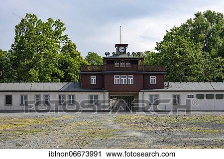 Stock Image - Entrance to the beech forest Concentration Camp Memorial on the Ettersberg, Weimar, Thuringia, Germany, Europe. Fotosearch