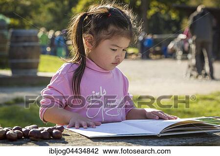Stock Image - Eurasian girl sitting at wooden table with chestnuts, conkers, reading book, Poing, Bavaria, Germany, Europe. Fotosearch
