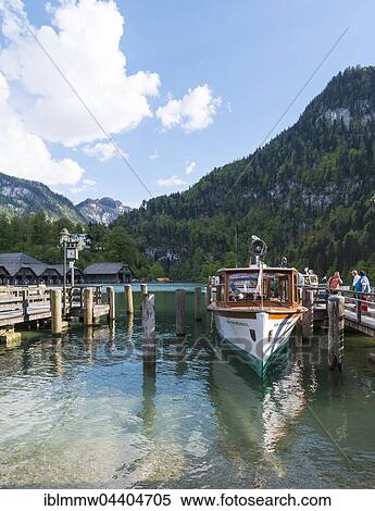 Stock Photography - Excursion boat beside jetty, Schönau am Königssee, Berchtesgaden National Park, Berchtesgaden area, Upper Bavaria, Bavaria, Germany, Europe. Fotosearch