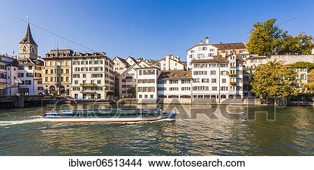 Excursion boat on the Limmat, St. Peter's Church, Schipfe, Old Town, Zurich, Canton of Zurich, Switzerland, Europe View Large Photo Image Picture - Excursion boat on the Limmat, St. Peter's Church, Schipfe, Old Town, Zurich, Canton of Zurich, Switzerland, Europe. Fotosearch