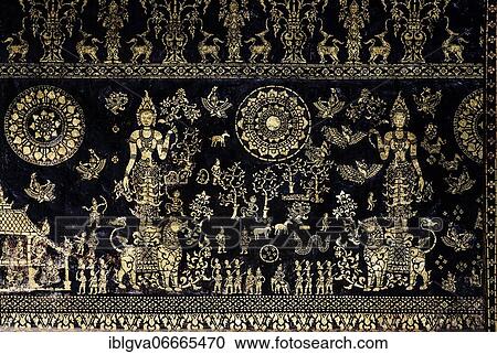 Exterior wall of the Sim prayer hall with gilded images of Apsaras, mythological animals, motifs and scenes from the Jakata tales in filigree stencil art, Wat Xieng Thong, Luang Prabang, Laos, Asia View Large Photo Image Stock Image - Exterior wall of the Sim prayer hall with gilded images of Apsaras, mythological animals, motifs and scenes from the Jakata tales in filigree stencil art, Wat Xieng Thong, Luang Prabang, Laos, Asia. Fotosearch