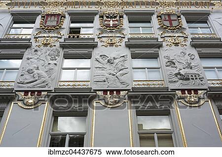 Stock Photography - Facade with stucco reliefs, home of coffee roaster Julius Meinl, Vienna, Austria, Europe. Fotosearch