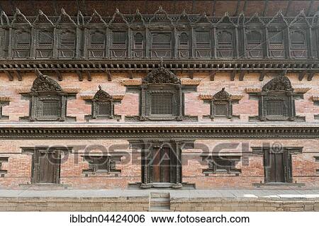 Stock Photograph - Facade with windows, palace of 55 windows, Durbar Square, Bhaktapur, Nepal, Asia. Fotosearch