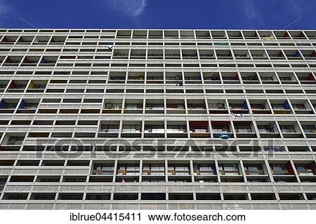 Stock Image - Facade, Wohnmaschine, Unité d'habitation de Briey, designed by Le Corbusier, modernist residential housing, UNESCO World Heritage Site, Briey, Meurthe-et-Moselle, Lorraine, France, Europe. Fotosearch