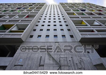 Stock Photo - Facade, Wohnmaschine, Unité d'habitation de Briey, designed by Le Corbusier, modernist residential housing, UNESCO World Heritage Site, Briey, Meurthe-et-Moselle, Lorraine, France, Europe. Fotosearch