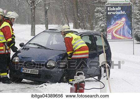 Firemen at traffic accident, wintery conditions, black ice, Unterhaching, Upper Bavaria, Bavaria, Germany, Europe View Large Photo Image Stock Photograph - Firemen at traffic accident, wintery conditions, black ice, Unterhaching, Upper Bavaria, Bavaria, Germany, Europe. Fotosearch
