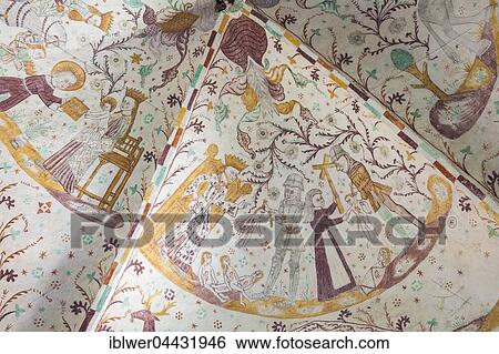 Stock Photograph - Frescoes and murals in church ceiling vaults, 1450, Elmelunde, Moen, Denmark, Europe. Fotosearch